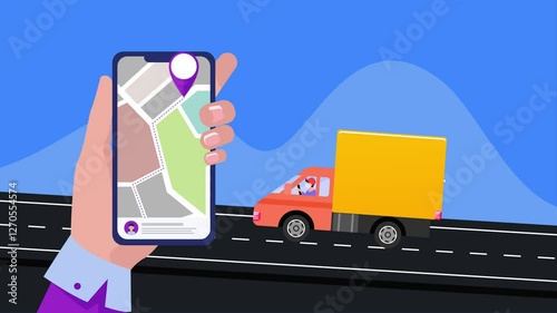 Delivery app, Track online orders, Tracking delivery truck with smartphone app, eCommerce delivery, animation video clip for transport and shipment industry