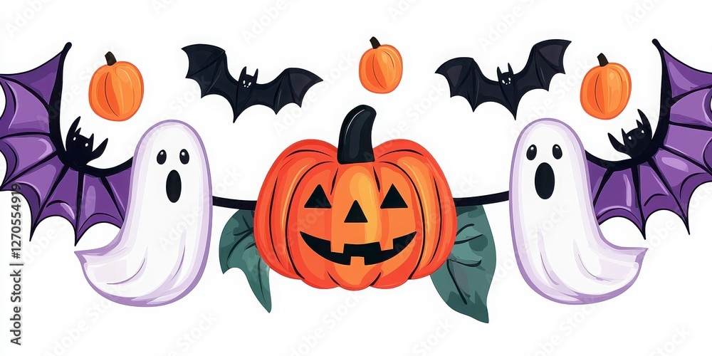 A festive Halloween scene featuring playful ghosts, bats, and a jack-o'-lantern, perfect for seasonal decorations.
