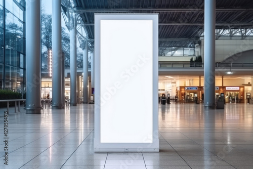 Empty advertising white vertical tower pylon for commercial information mock up in airport photo