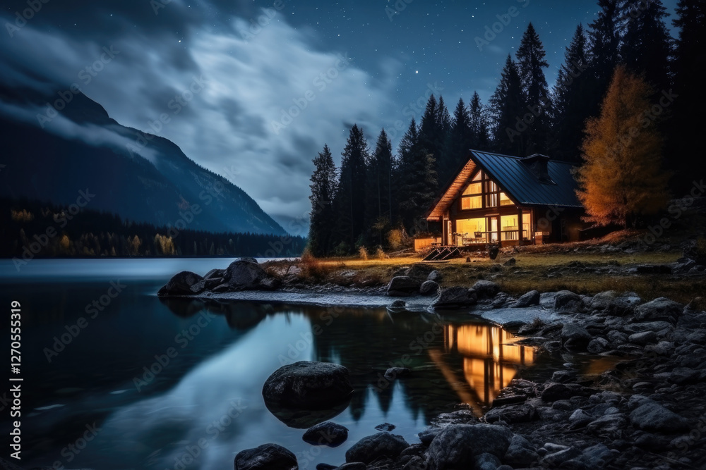 Fototapeta premium Lonely cozy house near a lake in a autumn forest, against the background of mountains, night time
