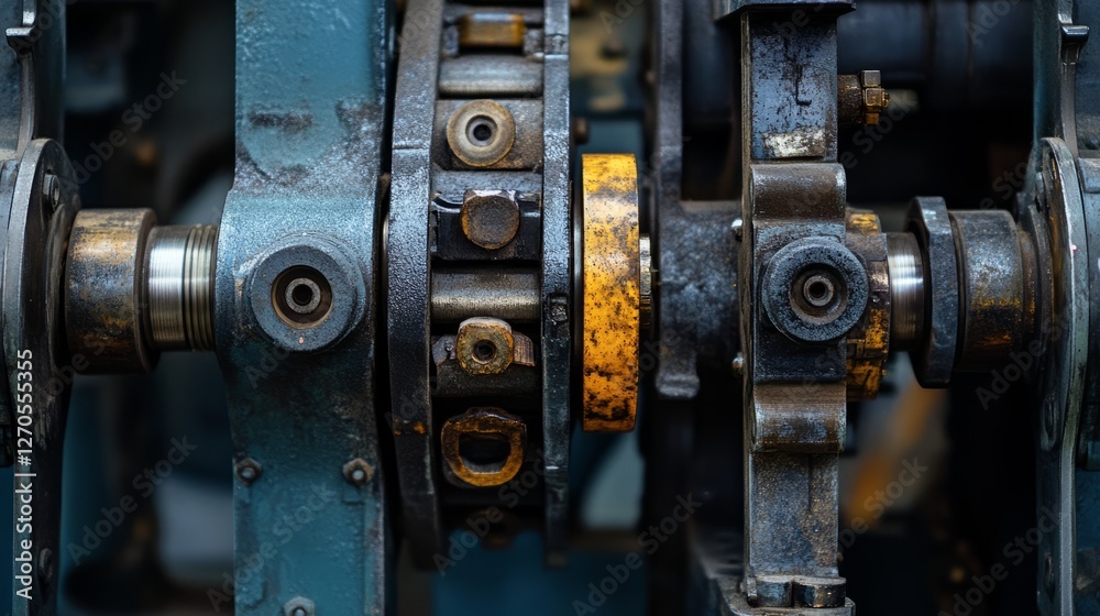 Industrial Metallic Machinery Detail, Grunge Textured. Close-Up Shot Of Engine Block, Mechanical Gears And Parts. Industrial Metallic Machinery Detail, Grunge Textured. Close-Up Shot Of Engine Block, Mechanical Gears And Parts.