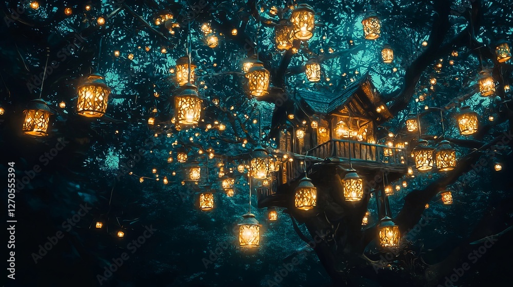 Fototapeta premium Enchanted Treehouse Surrounded by Glowing Lanterns at Night
