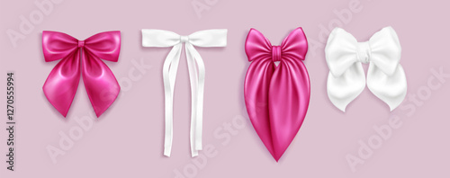 3D coquette bow collection with pink and white ribbons on pastel background. Realistic silky feminine decoration elements of various shapes and lengths. Luxurious satin knots set for festive design.
