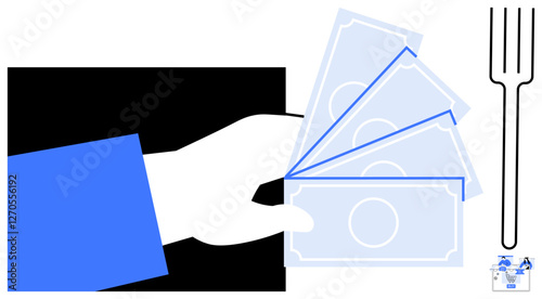 Hand holding banknotes, adjacent to a fork. Ideal for finance, budgeting, wealth management, dining expenses, financial planning, consumer spending and savings. Line metaphor