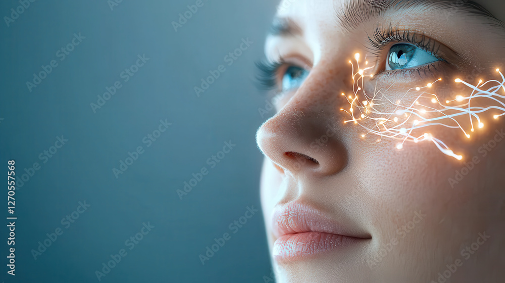Fototapeta premium hyper realistic image of woman with translucent skin and glowing lines around her eye, conveying sense of wonder and beauty