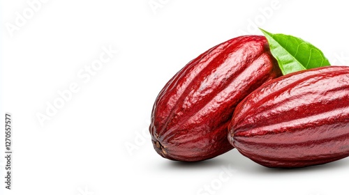Wallpaper Mural Two red cocoa pods with fresh green leaves on a bright white background highlighting their rich color and natural texture Torontodigital.ca