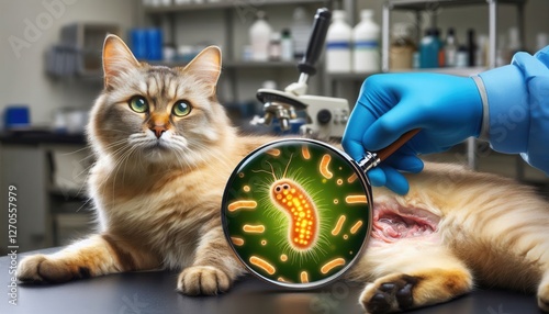 Veterinary examination of cat with bacteria research laboratory science close-up health photo