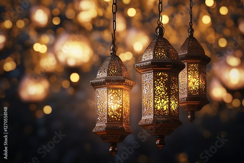 Luxurious Ramadan Background with Golden Lanterns and Calligraphy. photo