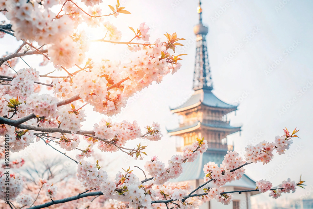 Cherry Blossoms in Spring, Japanese Pagoda Background Cherry Blossoms in Spring, Japanese Pagoda Background