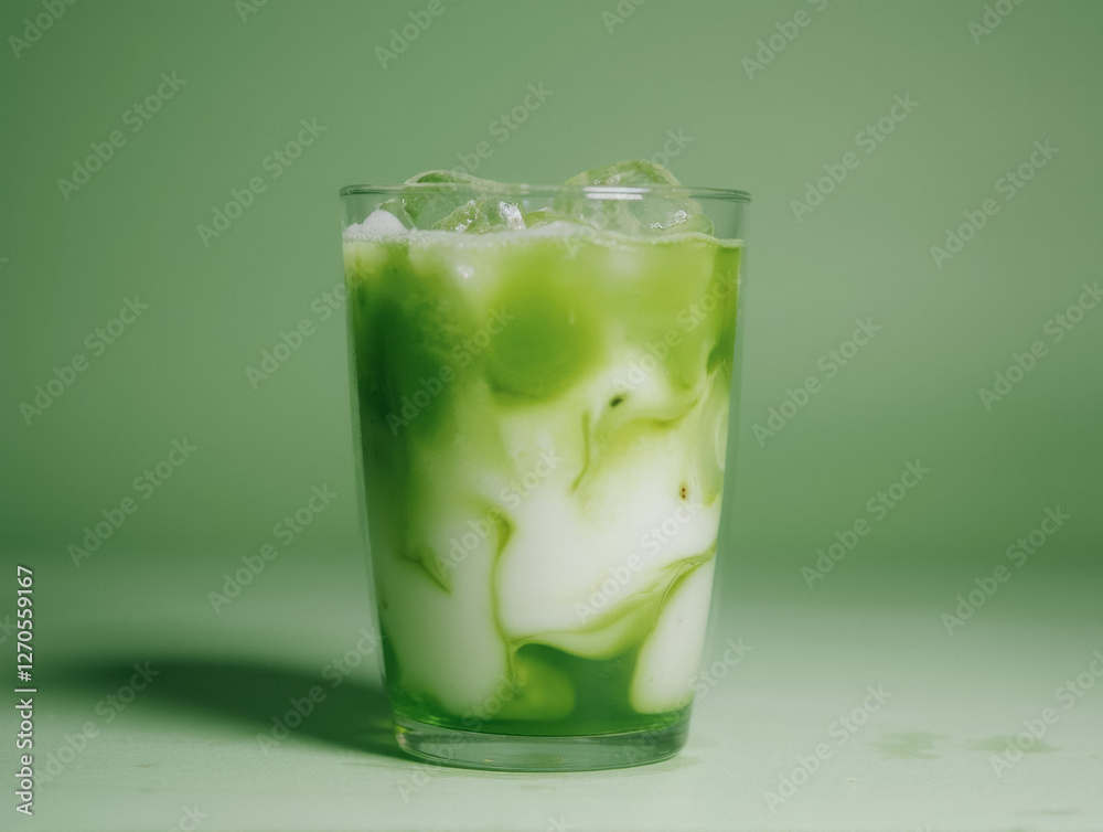 Iced matcha latte with milk swirls on green background