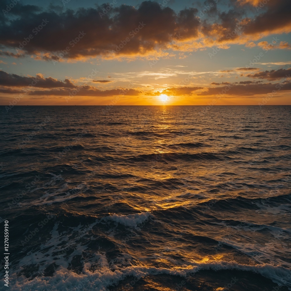 Obraz premium A breathtaking sunset over a calm ocean with golden reflections.