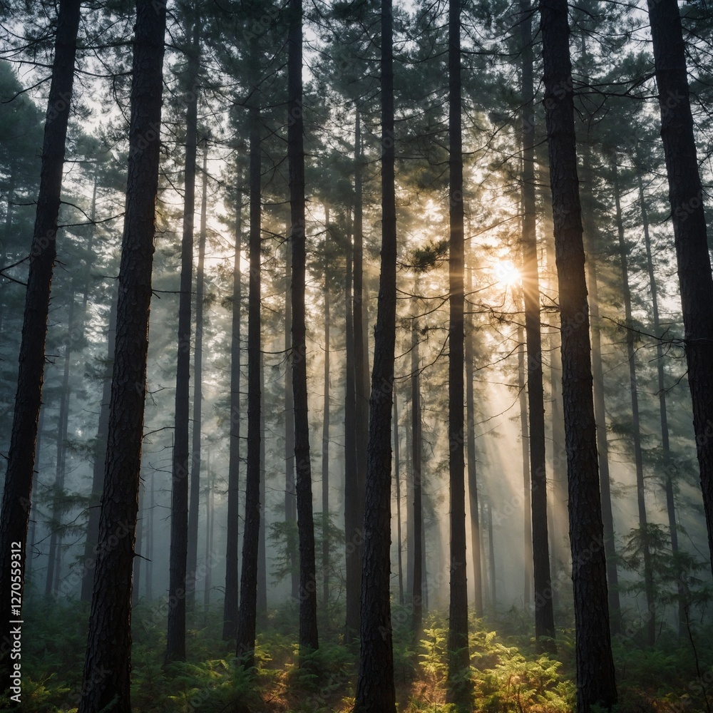 Obraz premium A misty forest at dawn with soft sunlight filtering through tall pine trees.