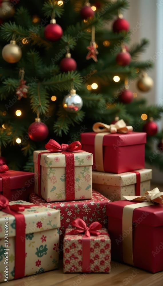 Stack of wrapped presents beneath decorated Christmas tree , present, gift box Stack of wrapped presents beneath decorated Christmas tree , present, gift box