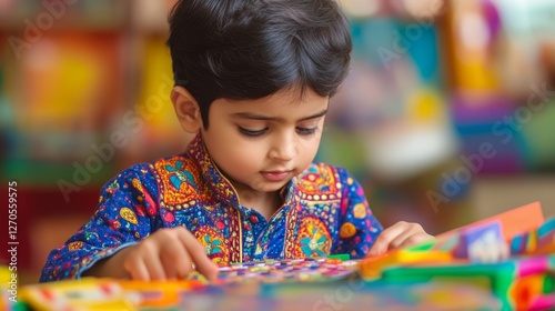 Vibrant Indian Child Adorned in Traditional Kurta Playing with Toys photo