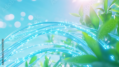 Blue Fiber Optic Cables Weaving Through Lush Green Foliage Symbolizing Sustainable Connectivity