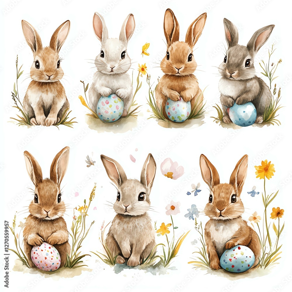 Fototapeta premium Adorable easter bunny with painted eggs watercolor illustration in pastel tones, cute easter bunny with painted eggs, festive spring holiday artwork