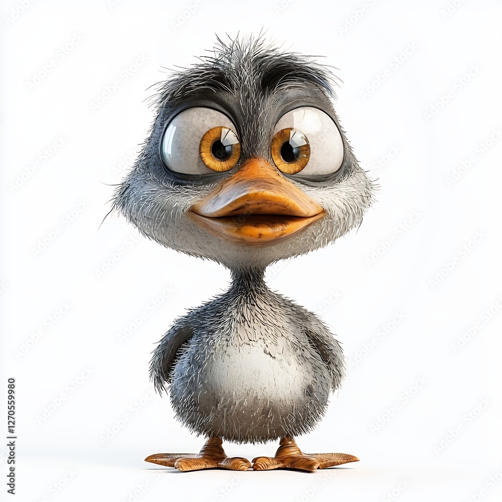 Adorable Gray 3D Rendered Duckling with Large Expressive Eyes Against White Background
