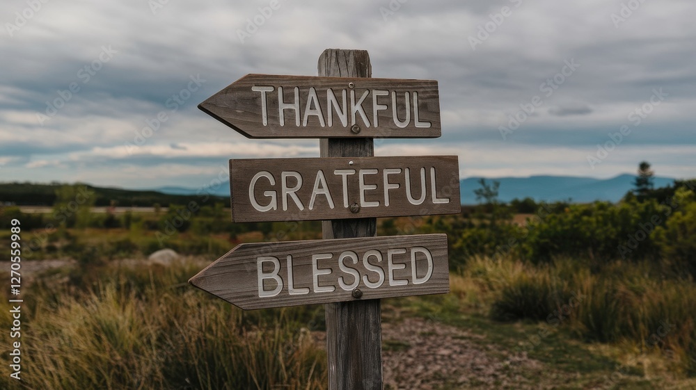 Obraz premium Wooden signpost showing words thankful grateful and blessed in nature