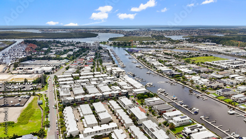 Modern waterfront townhouses on Sickle Avenue, Hope Island, Gold Coast, Queensland