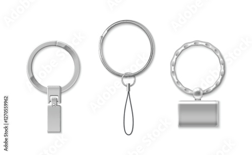 Key chain rings set isolated on white background. Vector realistic illustration of metallic keychain accessories, circle holder with blank rectangular pendant for branding, decorative chain link