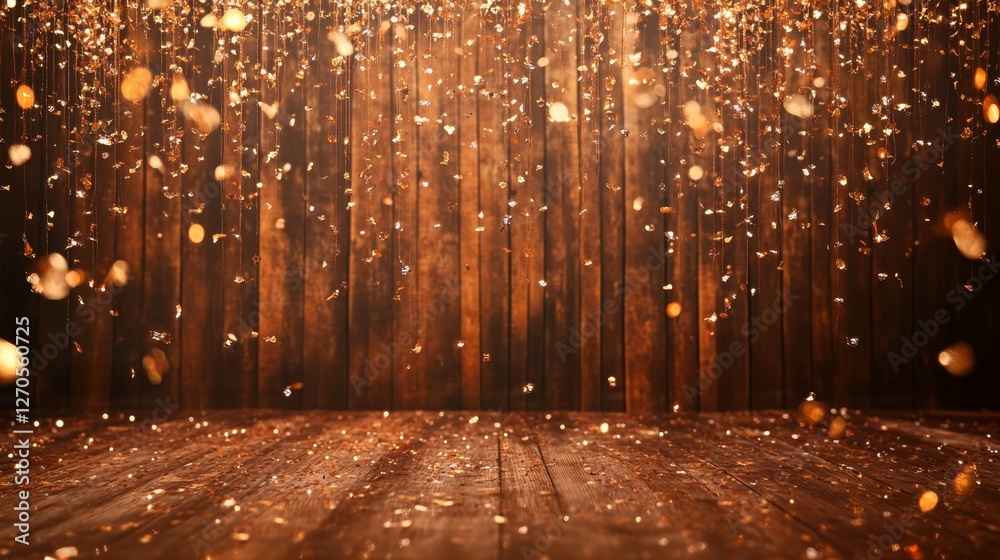 Warm and Inviting Wooden Backdrop with Sparkling Confetti Effect Warm and Inviting Wooden Backdrop with Sparkling Confetti Effect