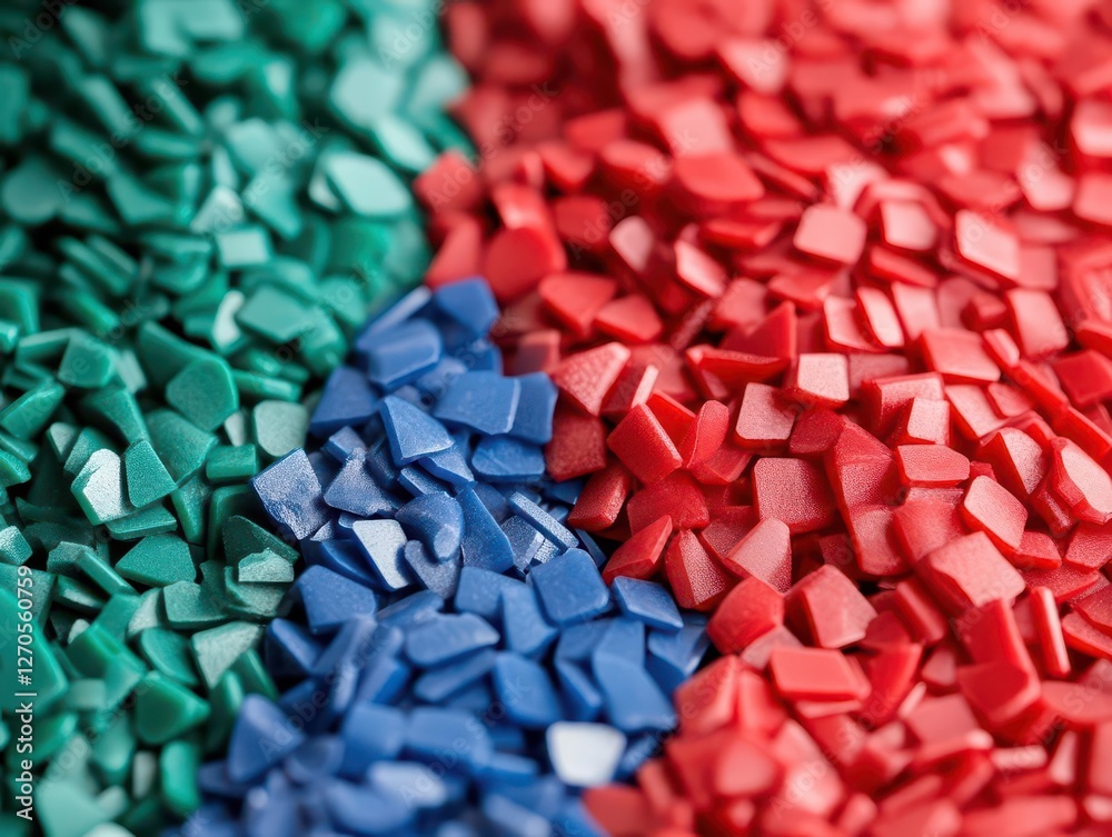 Colored polyethylene pellets, raw plastic granules in red, blue, and green shades for industrial use. Colored polyethylene pellets, raw plastic granules in red, blue, and green shades for industrial use.