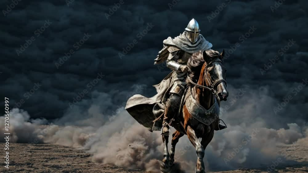 A knight in armor charges forward on horseback through a dusty battlefield. Low-angle shot enhances the dramatic, cinematic video feel.