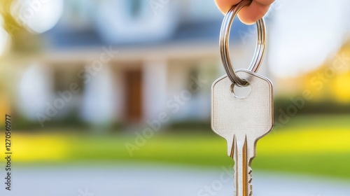 Close-up of a hand holding a house key in front of a blurred home, symbolizing new beginnings