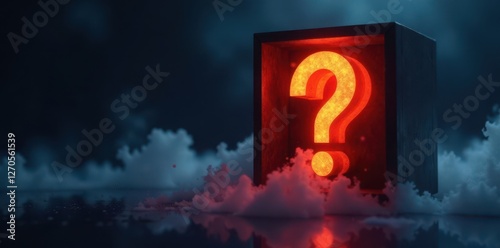 Glowing question mark in a misty box Eerie, mysterious, spooky , ominous, puzzle photo