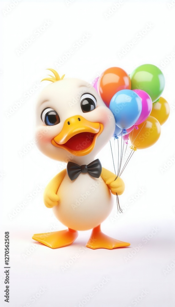 Festive cartoon duck holding colorful balloons celebration scene cheerful atmosphere fun concept Festive cartoon duck holding colorful balloons celebration scene cheerful atmosphere fun concept