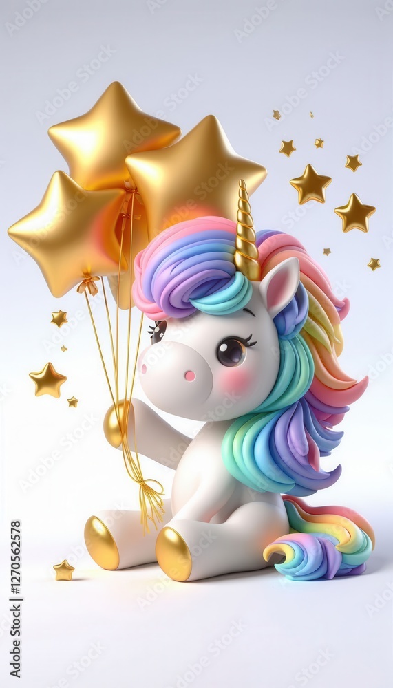 Fototapeta premium Cute unicorn holding gold star balloons in a bright studio setting whimsical concept art