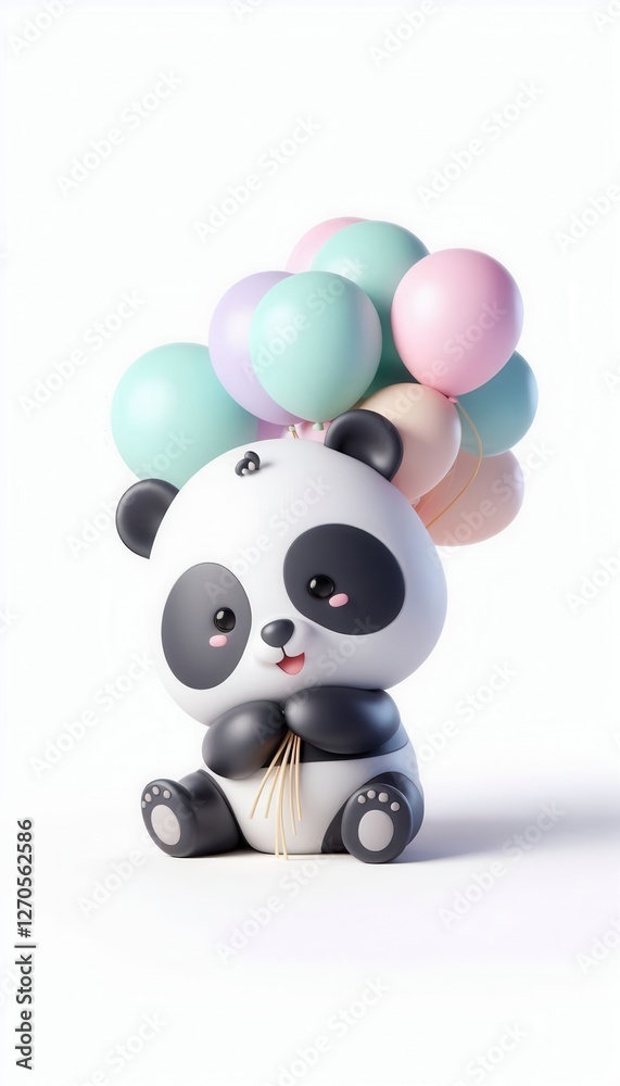 Naklejka premium Cute panda holding colorful balloons studio setting digital illustration whimsical concept