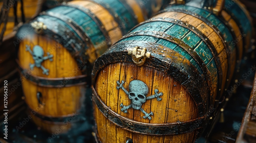 Close-up of weathered wooden barrels with skull and crossbones markings, suggesting pirate treasure or rum. Close-up of weathered wooden barrels with skull and crossbones markings, suggesting pirate treasure or rum.