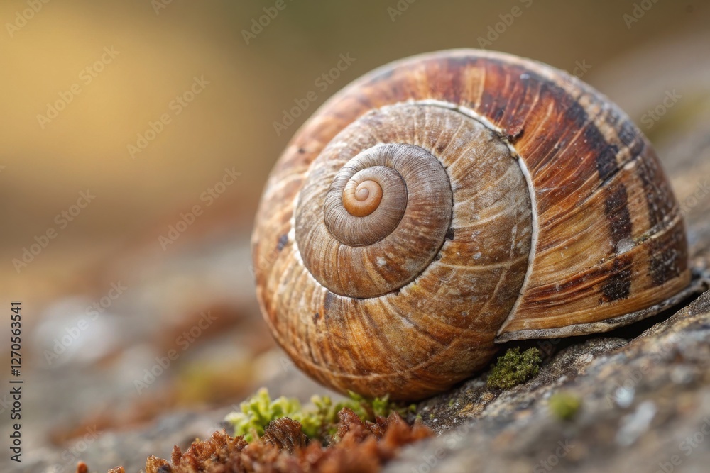 Natural macro shot concept. A close-up of a beautifully patterned snail shell resting on a mossy rock, showcasing its intricate spirals and earthy colors. Natural macro shot concept. A close-up of a beautifully patterned snail shell resting on a mossy rock, showcasing its intricate spirals and earthy colors.