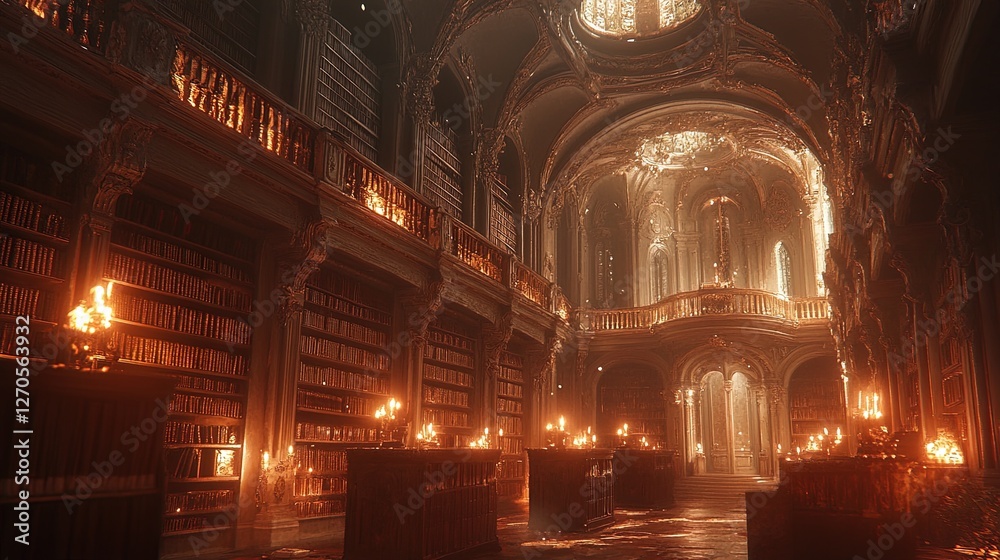 Obraz premium An ancient library filled with towering bookshelves and magical glowing orbs