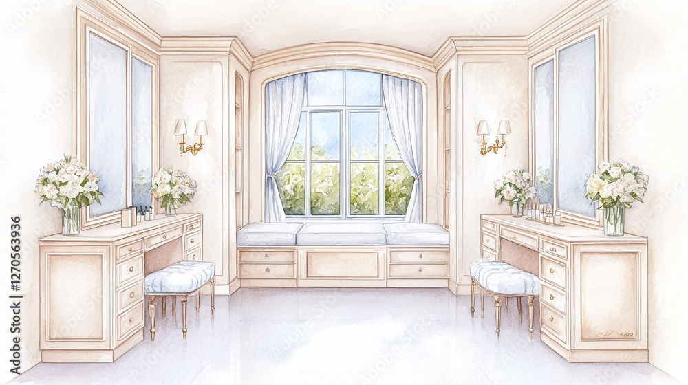 Fototapeta premium Elegant Dressing Room Design Watercolor Illustration