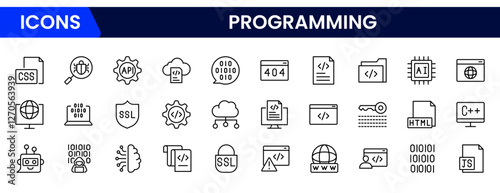 Programming and coding icon set. Software development icon collection. Contains such Icons as code, api, programmer, developer, information technology, coder and more