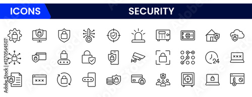 Security web icons in line style. Guard, cyber security, password, smart home, safety, data protection, key, shield, lock, unlock, eye access. Vector illustration.