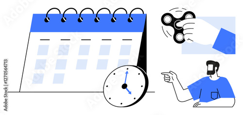 Calendar, clock, hand with fidget spinner, and a man pointing highlight time management, stress relief, focus. Ideal for productivity, organization, schedules deadlines relaxation reminders