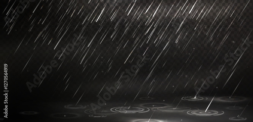 Rainy effect with diagonal white streaks on black background creating ripple circles on reflective surface. Dynamic drops pattern with water motion in darkness. Natural weather overlay design.