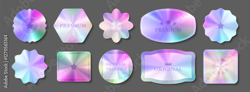 Hologram stickers set with gradient iridescent shapes. Multicolored premium labels in geometric forms with rainbow spectrum. Security seals collection for product authentication. Realistic holo emblem