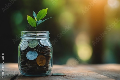 A small plant growing out of a jar filled with coins, representing financial growth and smart investment.