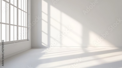 Bright, minimalistic interior with sunlight casting shadows through large windows