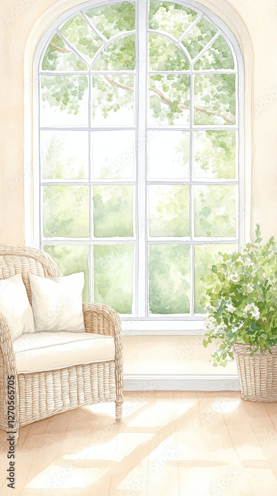 Fototapeta premium Sunlight Streaming Through an Arch Window, Watercolor Interior
