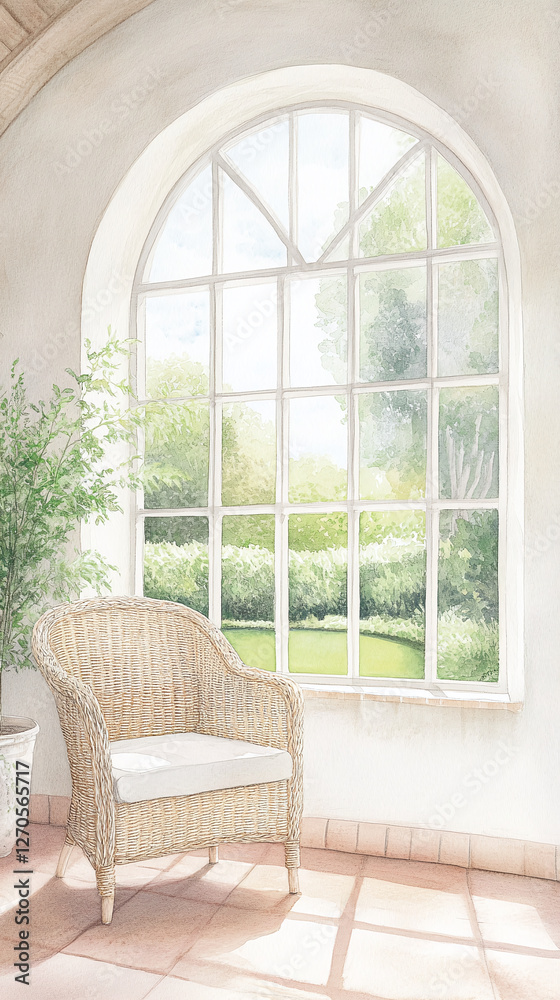 Fototapeta premium Tranquil Room with Wicker Chair and Garden View