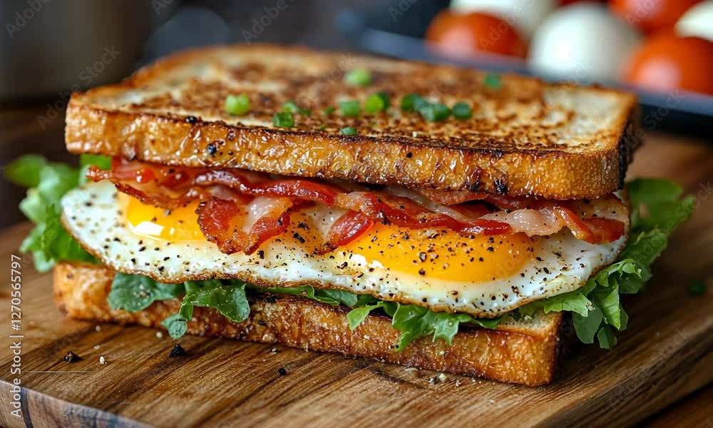 Delicious breakfast sandwich with crispy bacon, fried egg, and fresh greens on toasted bread, with tomatoes in background Delicious breakfast sandwich with crispy bacon, fried egg, and fresh greens on toasted bread, with tomatoes in background