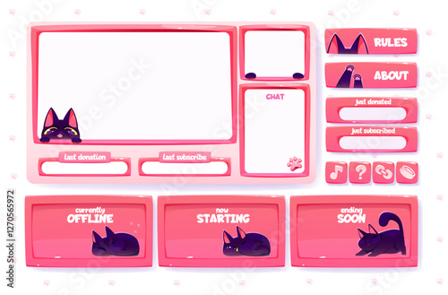 Stream overlay screen set - cute black cat themed elements with donation alerts, chat window, subscriber notification, offline status screen. Pink panels with gaming buttons for female streamer design