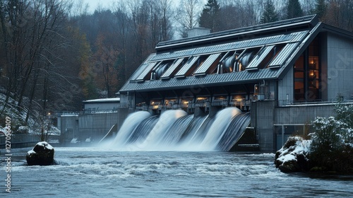 Tranquil Hydropower Facility Surrounded by Nature with Flowing Water and Winter Forest Scene