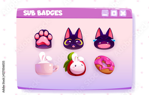 Stream subscriber badges set - black cat emotions with paw print, teacup bunny, strawberry rabbit mascot, glazed donut icons. Pink and purple channel reward emotes for gaming community levels.