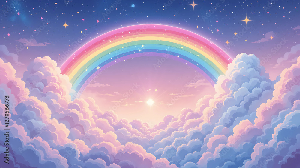 Fototapeta premium Pastel Dreamland with Vibrant Rainbow, dreamy cloudscape illustration